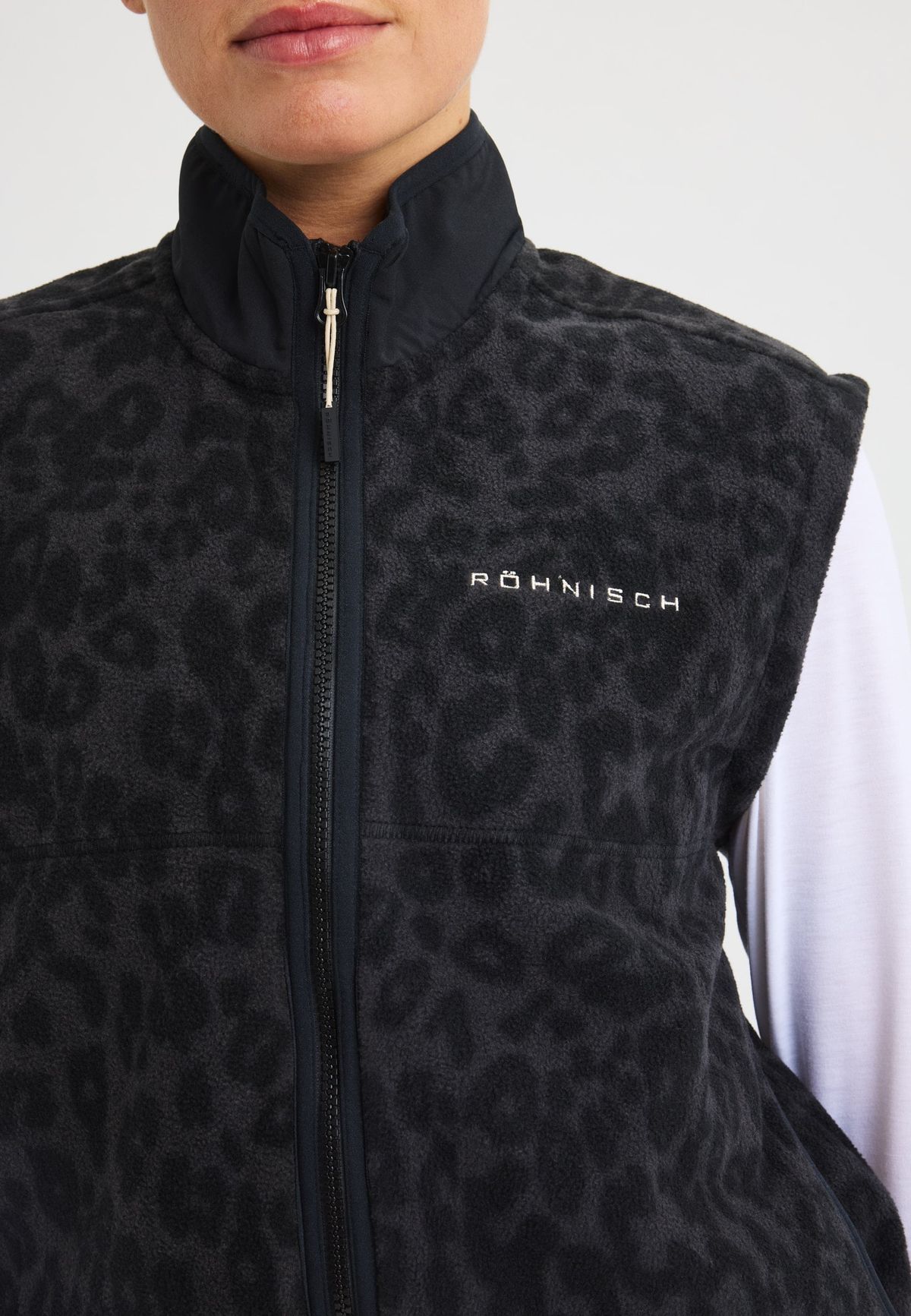 Thermal Zip Up Fleece Vest, Grey Leo Print