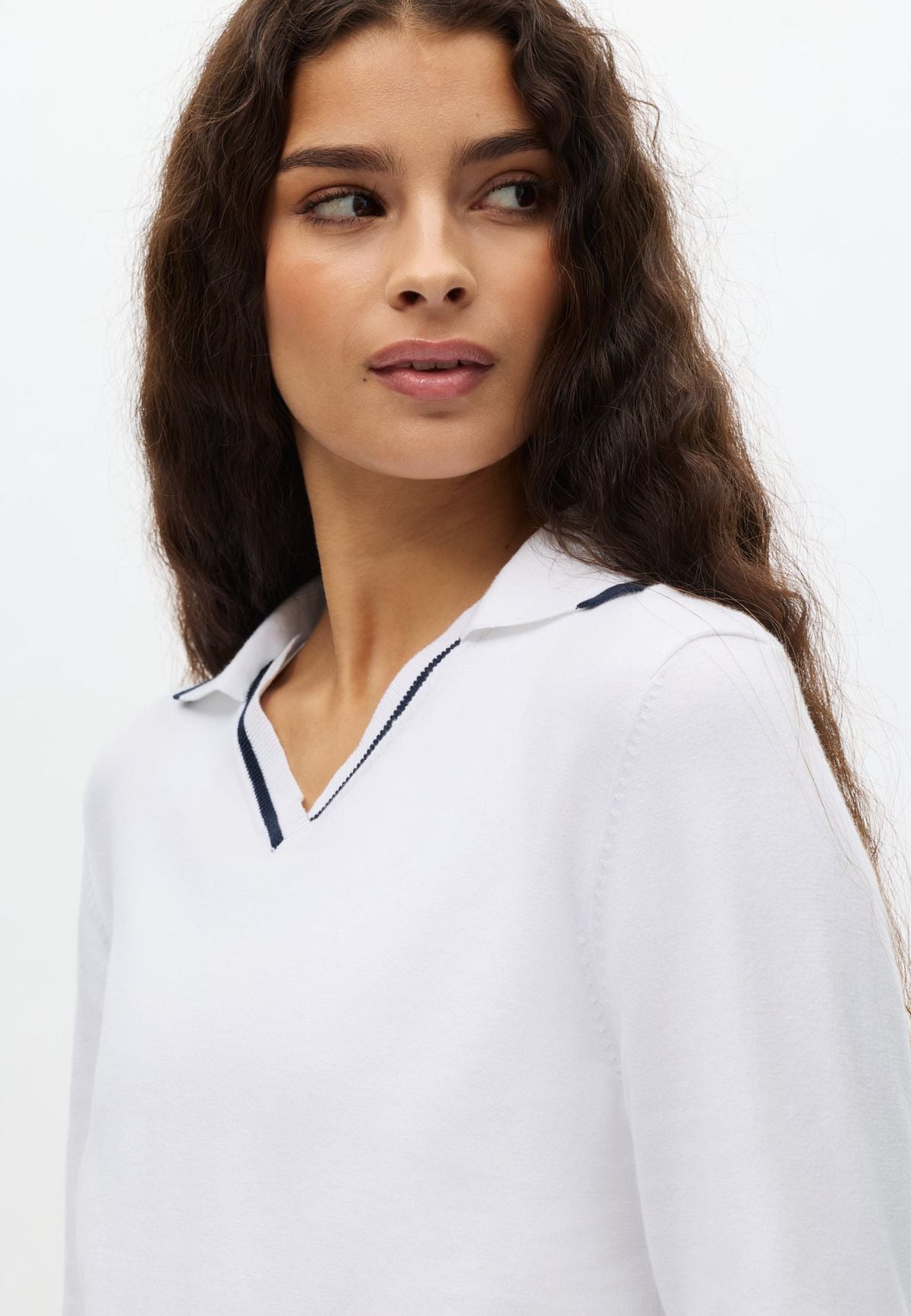 Swing Knitted Long Sleeve Poloshirt, White/Navy