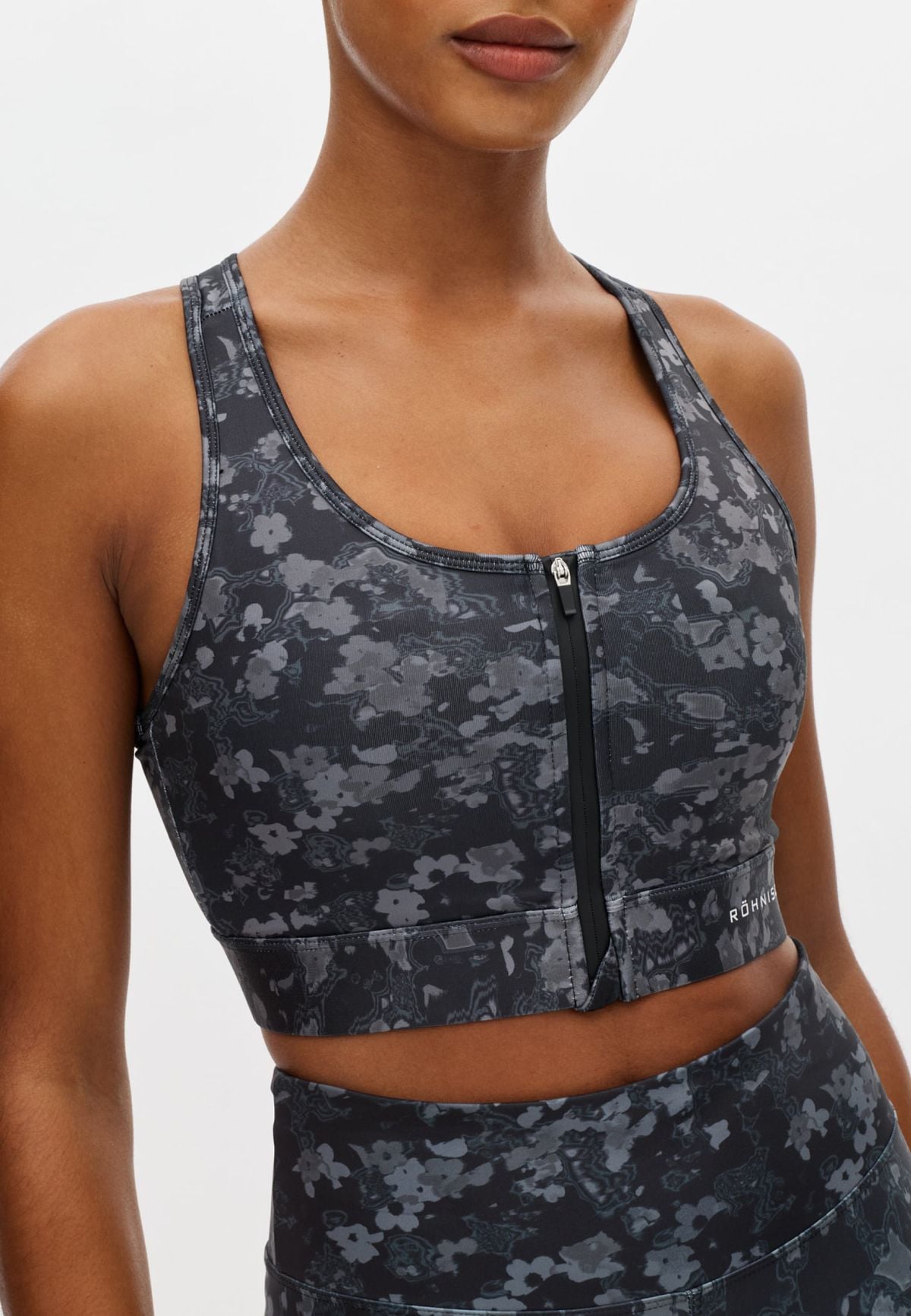 Essential Zip Sportsbra, Black Bloom