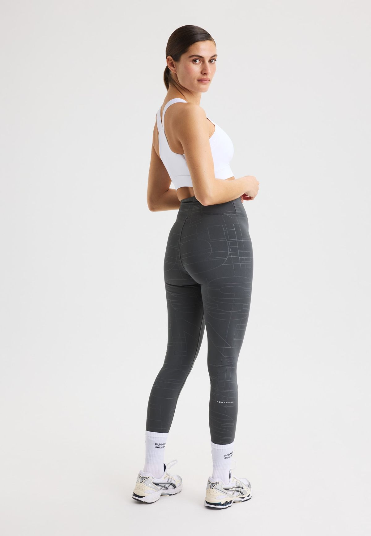 Logo Effect High Waist Tights, Grey Emblem Emboss