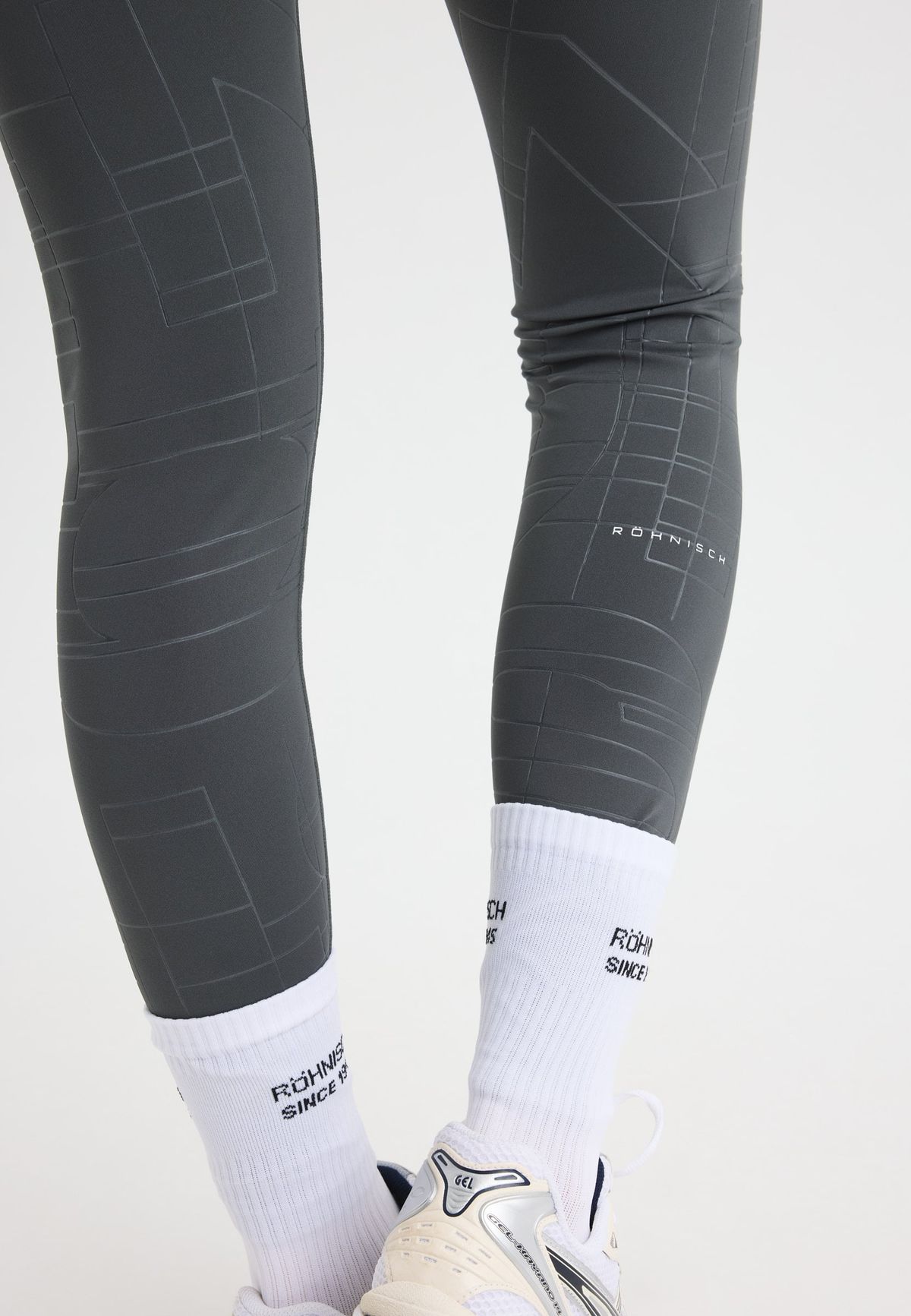 Logo Effect High Waist Tights, Grey Emblem Emboss
