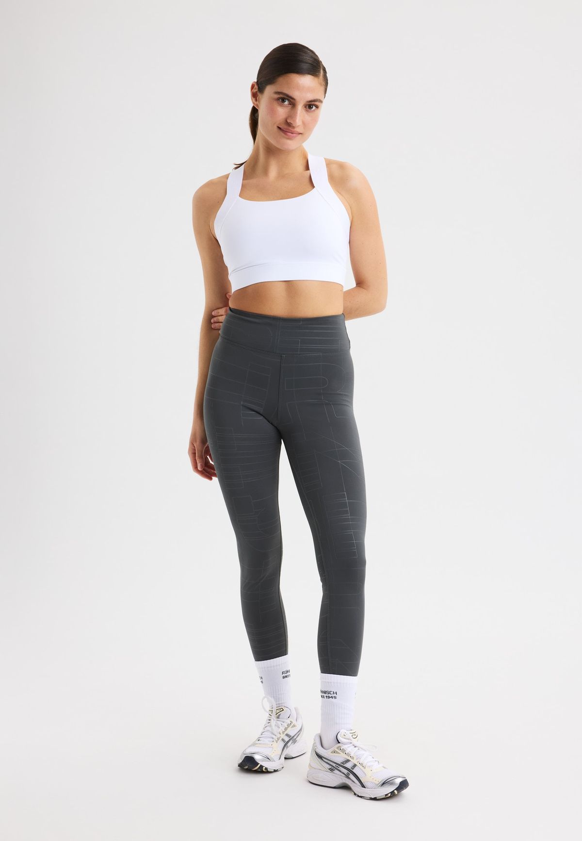 Logo Effect High Waist Tights, Grey Emblem Emboss