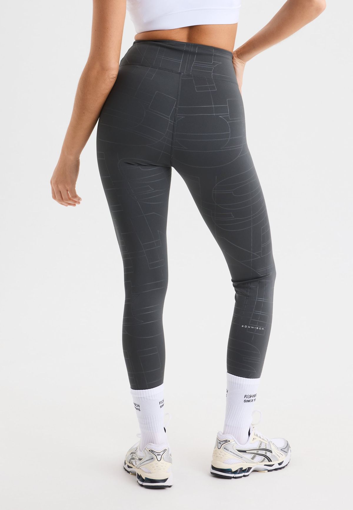Logo Effect High Waist Tights, Grey Emblem Emboss