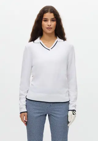 Swing Knitted Long Sleeve Poloshirt, White/Navy