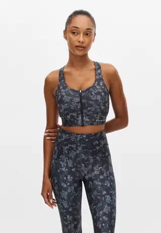 Essential Zip Sportsbra, Black Bloom