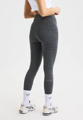 Logo Effect High Waist Tights, Grey Emblem Emboss
