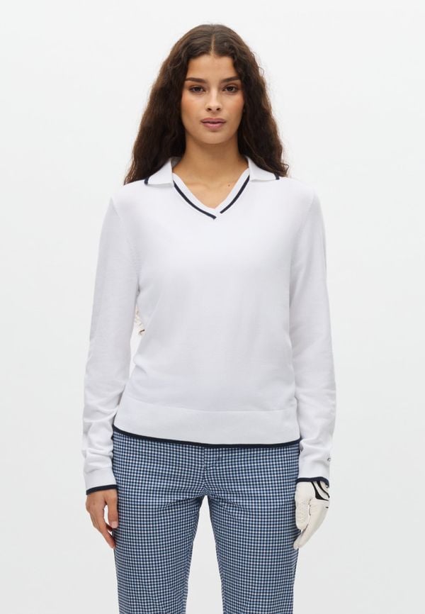 Swing Knitted Long Sleeve Poloshirt, White/Navy