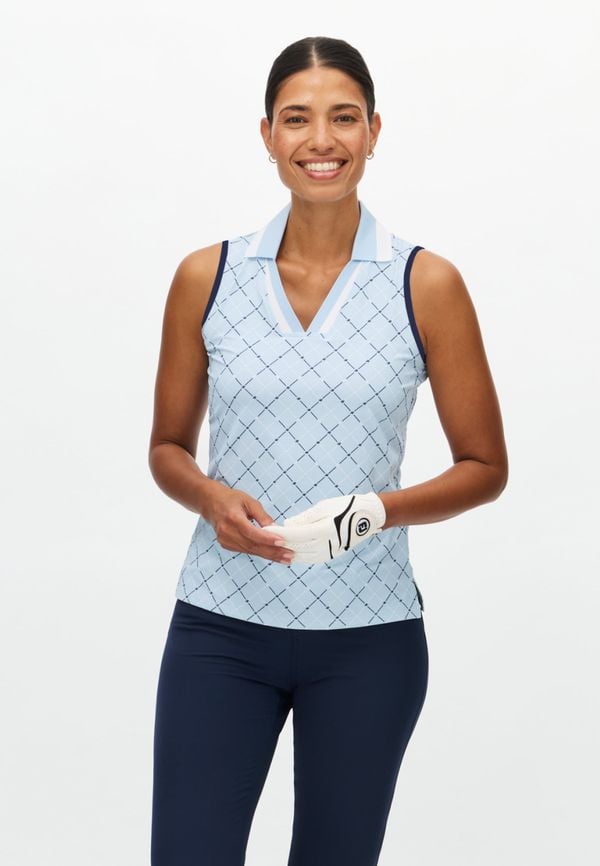 Essential Sleeveless Poloshirt, Micro R Check Skyway